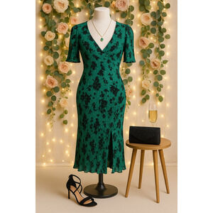 Caroll Paris Green Crinkle Floral Midi Dress Size 38 (US 6) Viscose Lined